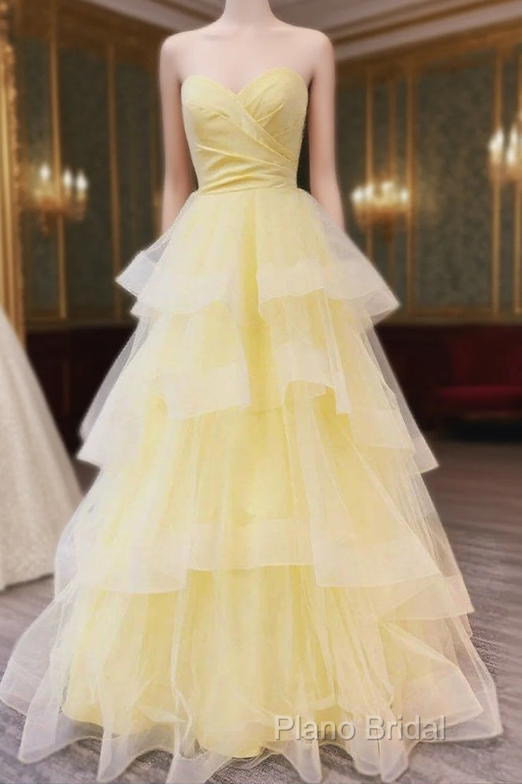 Sweetheart Tulle Yellow Ruffles Long Formal Prom Dresses Main image
