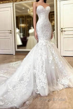 Sweetheart White Illusion neck Mermaid Beaded Lace Wedding Dress
