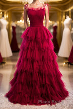 A-Line Long Spaghetti Strap Formal Prom Dresses, Cute Layers Tulle Evening Dresses