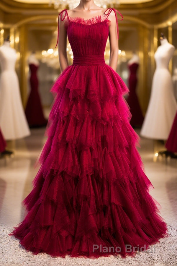 A-Line Long Spaghetti Strap Formal Prom Dresses, Cute Layers Tulle Evening Dresses