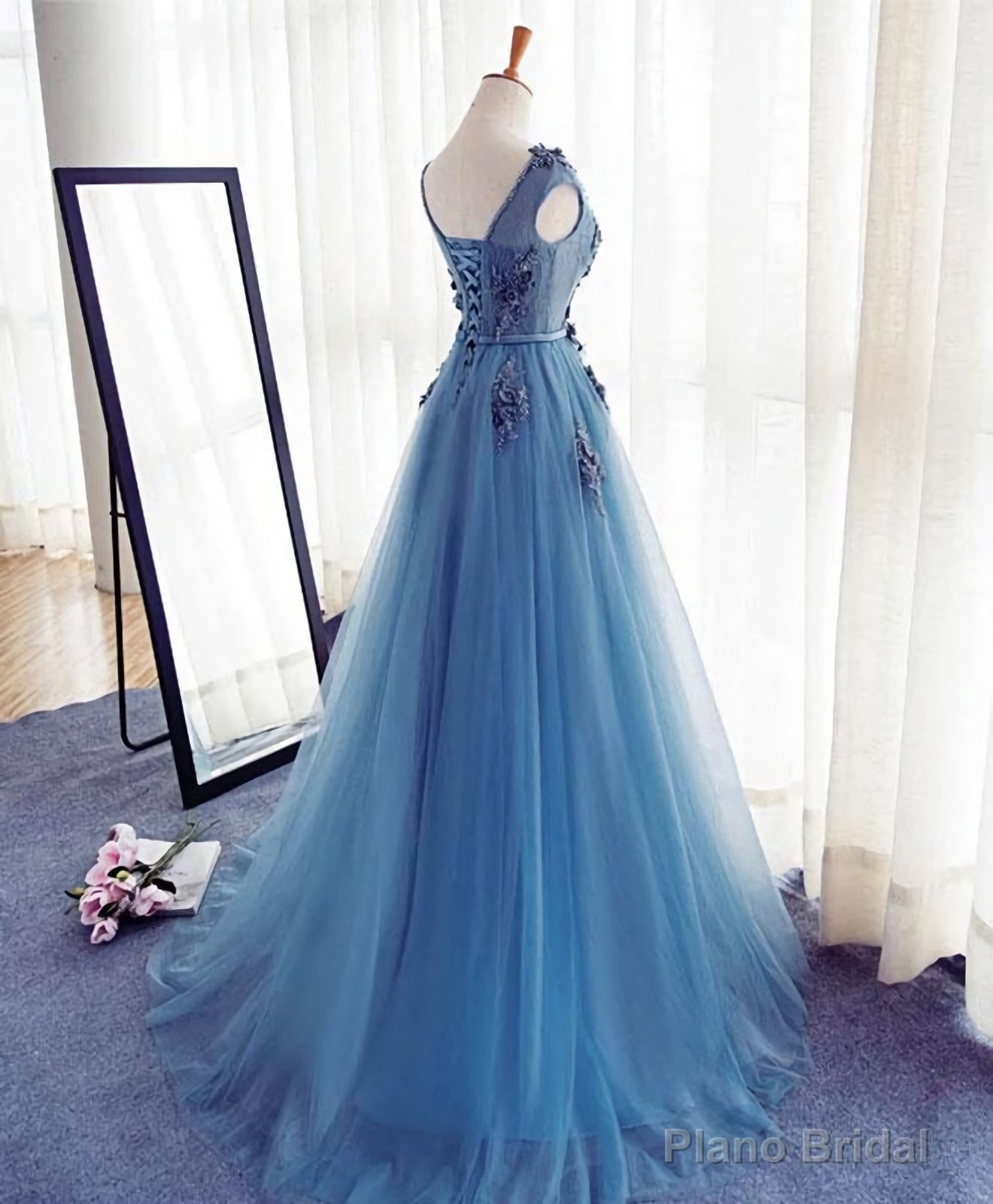 Blue A Line Tulle Lace Long Prom Dress, Evening Dress