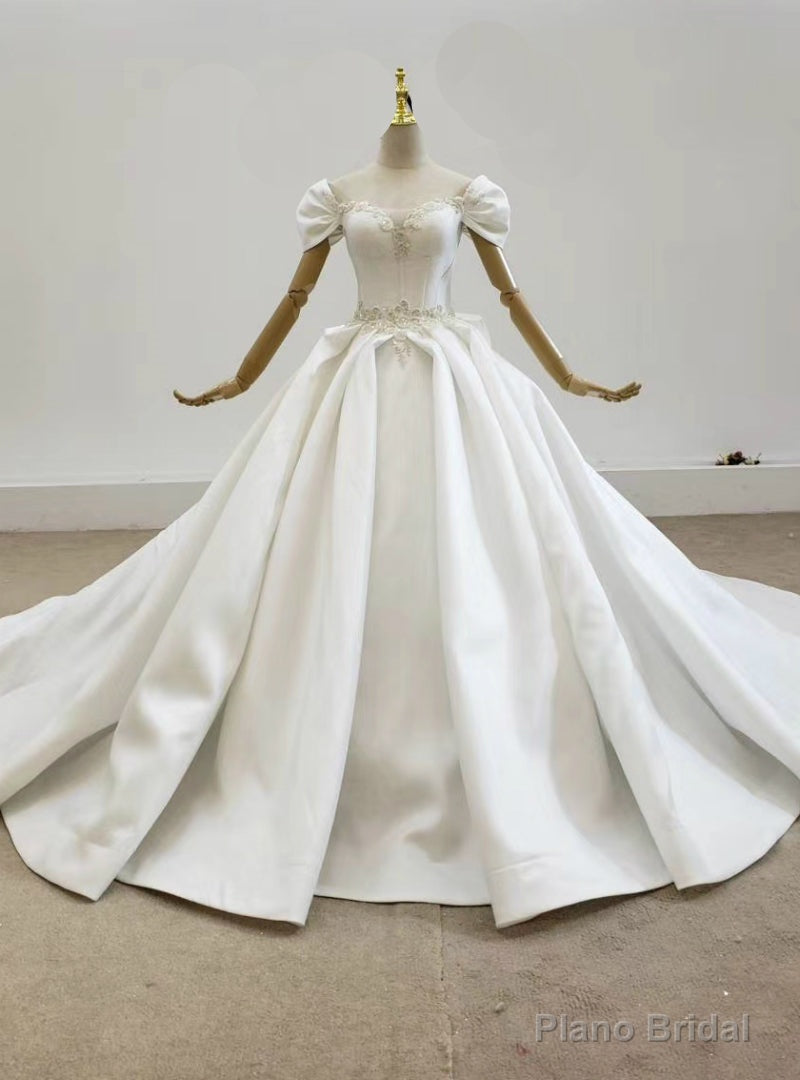 Take Center Stage In White Ball Gown Satin Square Neck Pleats Beading Wedding Dress With Bow Main image