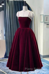 Tea Length Velvet Formal Prom Dresses, Velvet Tea Length Formal Homecoming Dresses