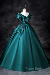Teal A-Line Off The Shoulder Satin Long Formal Prom Dresses, Elegant Evening Dresses