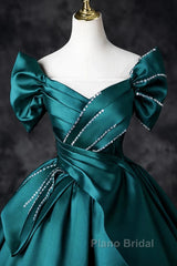 Teal A-Line Off The Shoulder Satin Long Formal Prom Dresses, Elegant Evening Dresses