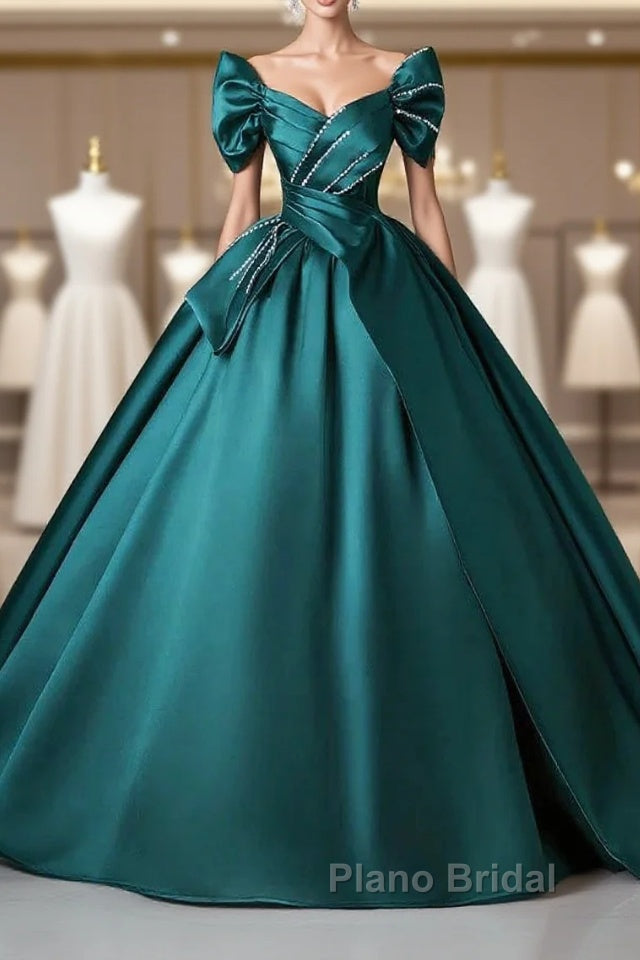 Teal A-Line Off The Shoulder Satin Long Formal Prom Dresses, Elegant Evening Dresses Main image