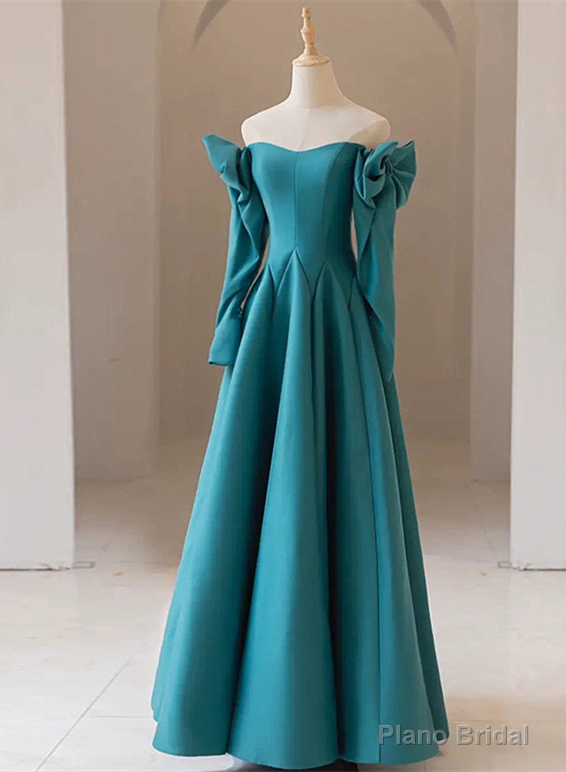 Teal Blue Long Sleeves with Bow A-line Sweetheart Prom Dress, Teal Blue Evening Dress Main image