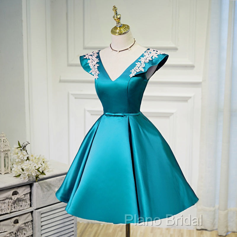 Teal Blue Satin Short Party Dresses With White Lace, Blue Homecoming Dresses Formal Prom Dresses