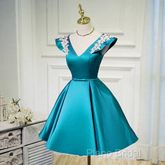Teal Blue Satin Short Party Dresses With White Lace, Blue Homecoming Dresses Formal Prom Dresses