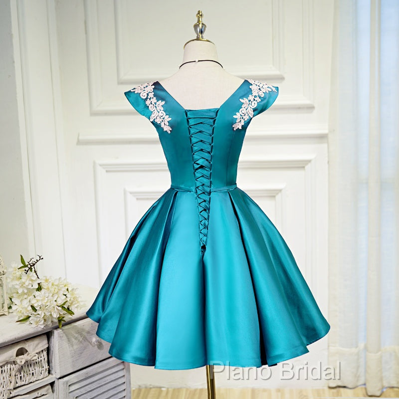 Teal Blue Satin Short Party Dresses With White Lace, Blue Homecoming Dresses Formal Prom Dresses
