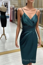 Teal Satin V Neck Sheath Midi Dresses