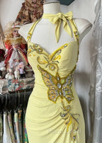 Temperament Yellow Mermaid Halter Neck Sequin Diamond Long Formal Prom Dresses Birthday Dresses