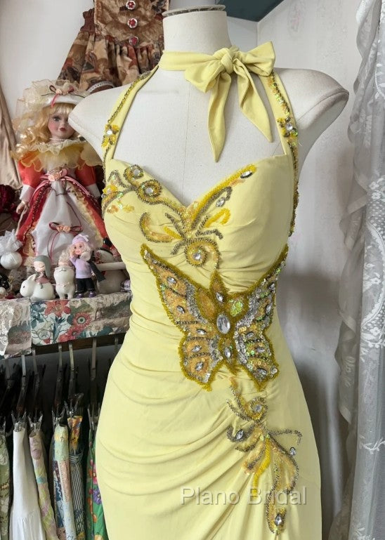 Temperament Yellow Mermaid Halter Neck Sequin Diamond Long Formal Prom Dresses Birthday Dresses