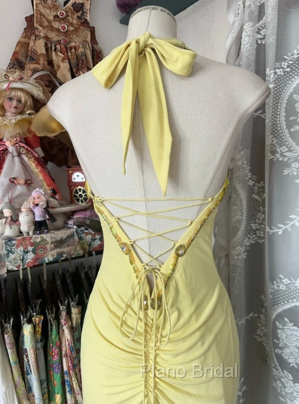 Temperament Yellow Mermaid Halter Neck Sequin Diamond Long Formal Prom Dresses Birthday Dresses