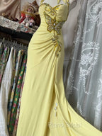 Temperament Yellow Mermaid Halter Neck Sequin Diamond Long Formal Prom Dresses Birthday Dresses