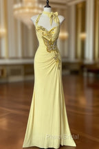 Temperament Yellow Mermaid Halter Neck Sequin Diamond Long Formal Prom Dresses Birthday Dresses