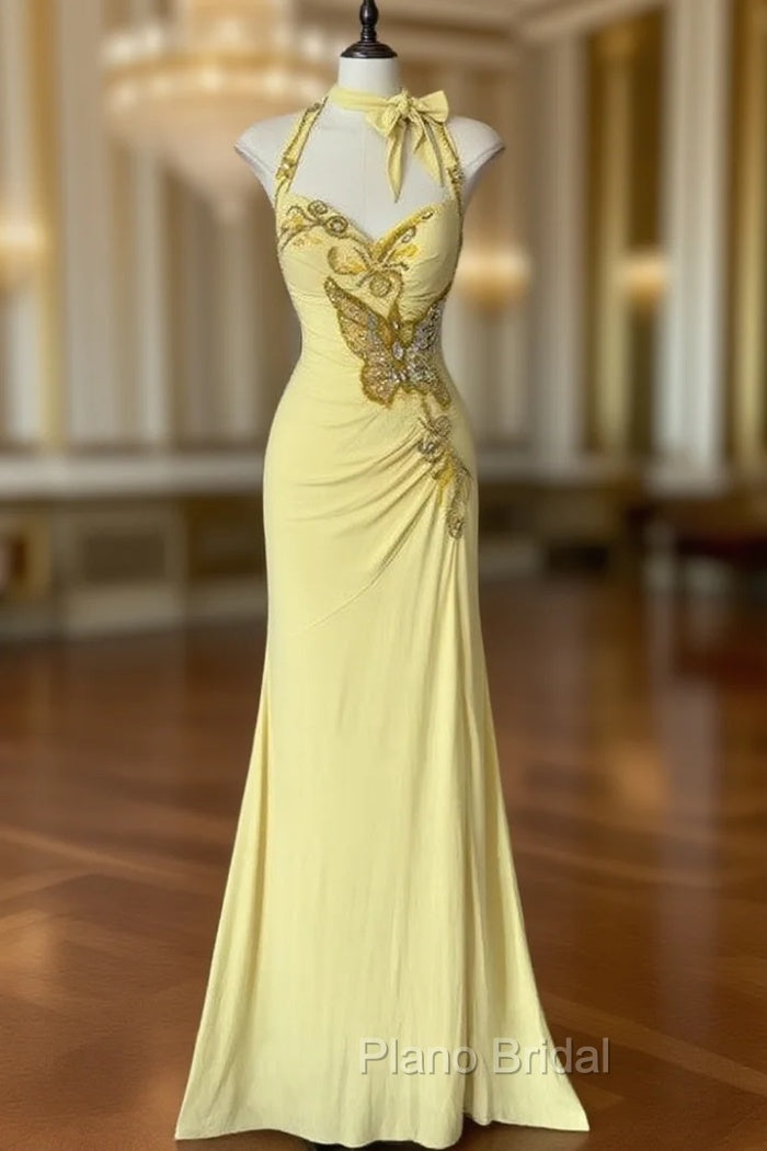 Temperament Yellow Mermaid Halter Neck Sequin Diamond Long Formal Prom Dresses Birthday Dresses
