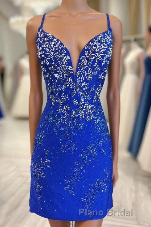 Royal Blue Beaded Plunge V Lace-Up Short Homecoming Dresses Main image