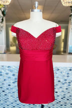 Red Beaded Off-the-Shoulder Sheath Satin Homecoming Dress