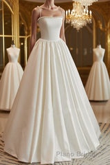 Thin Straps Open Back Ivory Satin Long Formal Prom Dresses with Pearls, Long Ivory Formal Graduation Evening Dresses