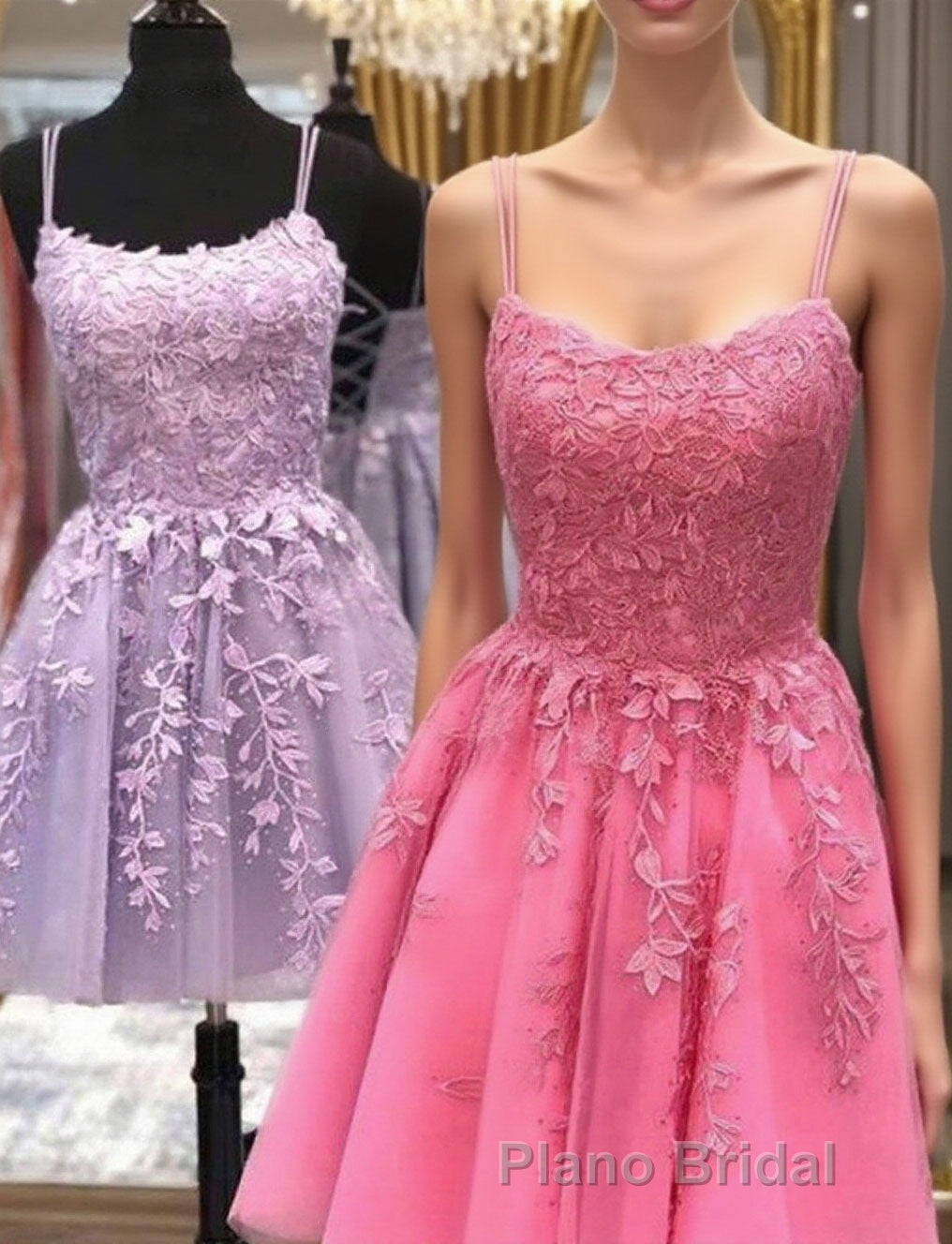 Thin Straps Short Purple Pink Lace Formal Prom Dresses, Short Purple Pink Lace Graduation Homecoming Dresses