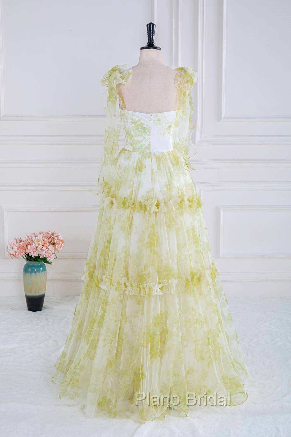 Tie Straps Yellow Floral Print Ruffles Tulle Long Formal Prom Dresses