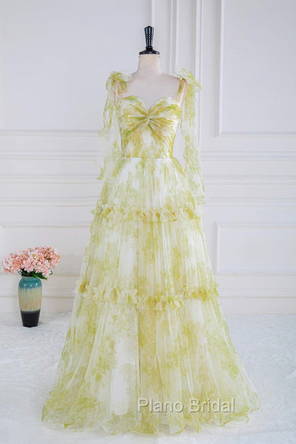 Tie Straps Yellow Floral Print Ruffles Tulle Long Formal Prom Dresses