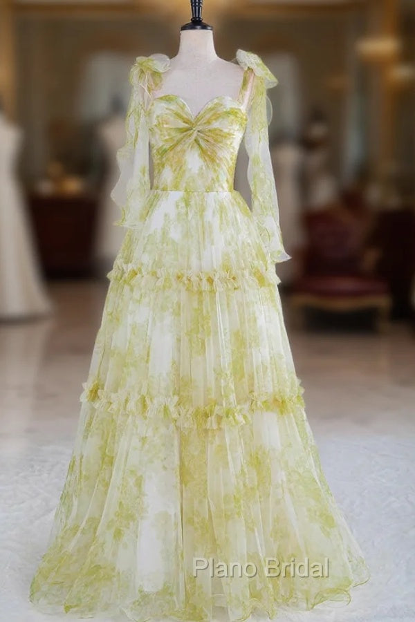 Tie Straps Yellow Floral Print Ruffles Tulle Long Formal Prom Dresses Main image