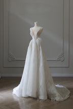 Timeless A Line V Neckline Sequin Sleeveless White Wedding Dresses Brides Dresses