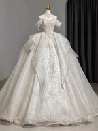 Timeless Ball Gown Sweetheart Short Sleeves Lace White Wedding Dresses Brides Dresses