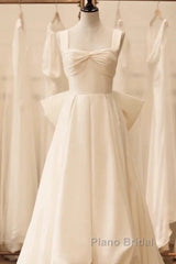 Timeless High Low Square Neckline Long White Satin Wedding Dresses