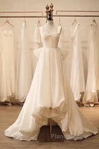 Timeless High Low Square Neckline Long White Satin Wedding Dresses