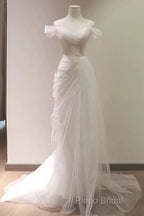 Timeless Mermaid Off The Shoulder Tulle White Wedding Dresses