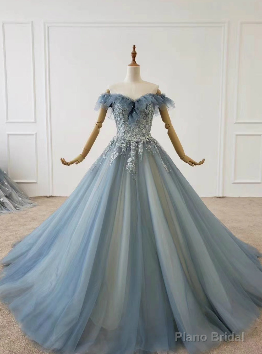 To Fit Your Style Blue Ball Gown Tulle Off the Shoulder Appliques Beading Sequins Prom Dress Main image