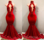 Trendy Mermaid Red Lace High Neck Formal Prom Party Gowns| Red Formal Prom Party Gowns