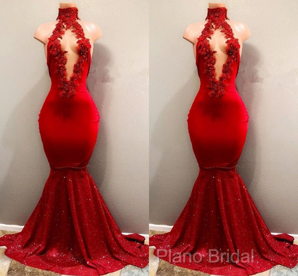Trendy Mermaid Red Lace High Neck Formal Prom Party Gowns| Red Formal Prom Party Gowns