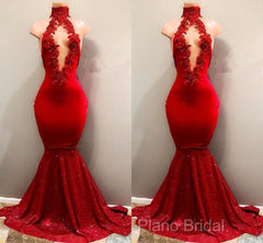 Trendy Mermaid Red Lace High Neck Formal Prom Party Gowns| Red Formal Prom Party Gowns
