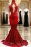 Trendy Mermaid Red Lace High Neck Formal Prom Party Gowns| Red Formal Prom Party Gowns