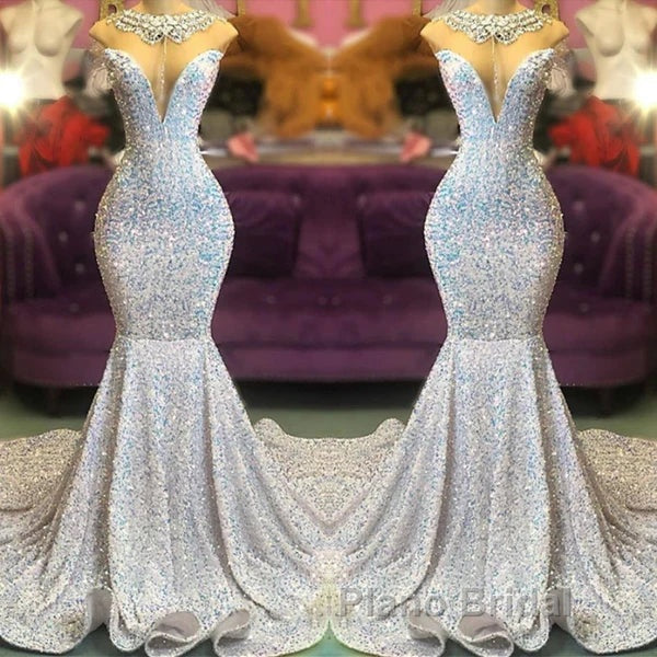 Trumpet Mermaid Beading Sequin White Formal Prom Dresses Secondary image