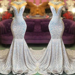 Trumpet Mermaid Beading Sequin White Formal Prom Dresses