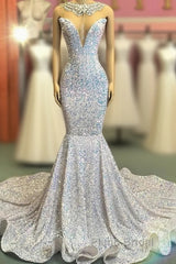 Trumpet Mermaid Beading Sequin White Formal Prom Dresses