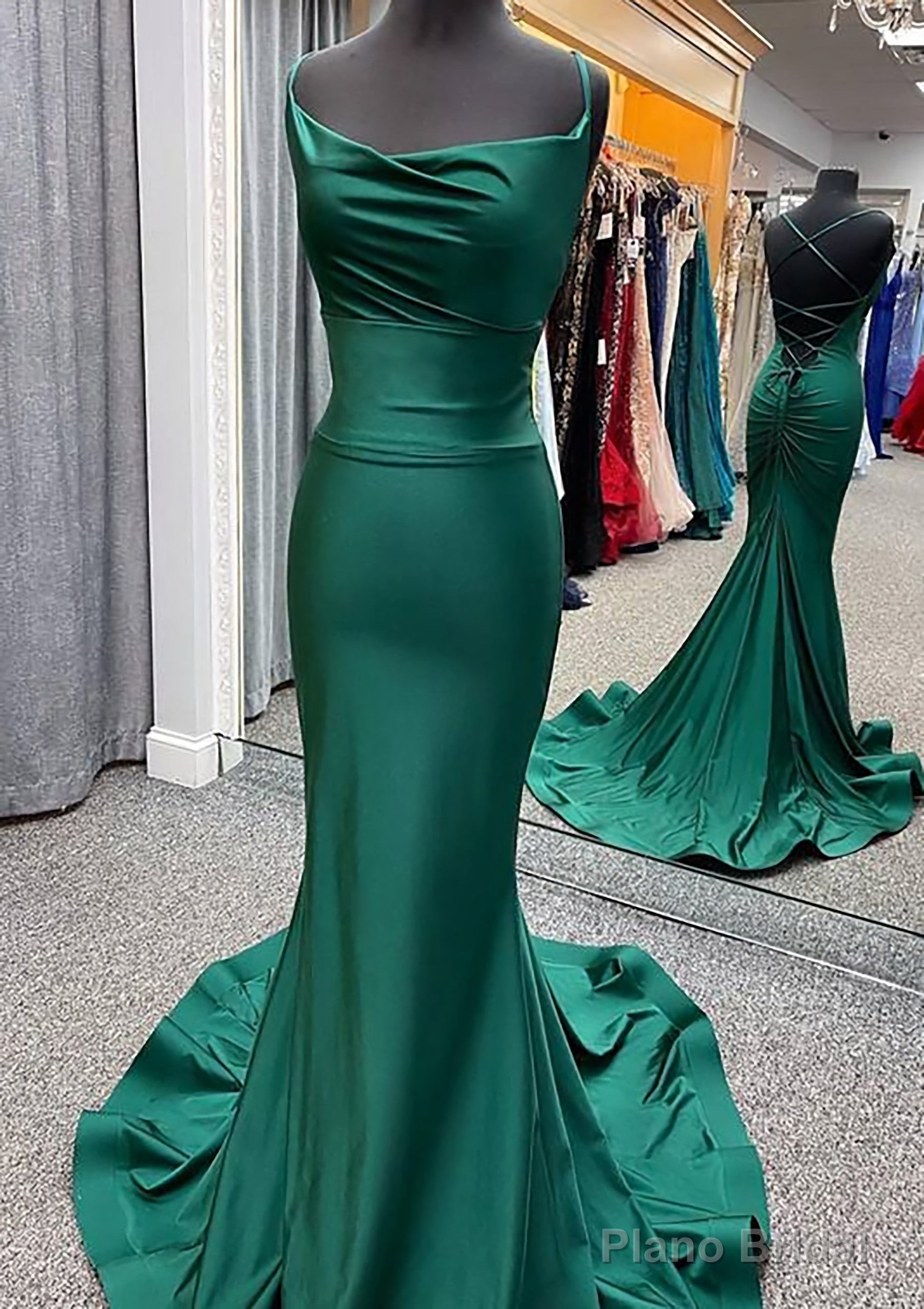 Trumpet/Mermaid Cowl Neck Spaghetti Straps Sweep Train Jersey Prom Dresses With Pleated Main image