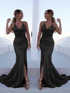 Trumpet/Mermaid Halter Sweep Train Silk like Satin Prom Dresses With Leg Slit