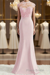 Trumpet/Mermaid High Neck Floor-Length Stretch Crepe Bridesmaid Dresses with Appliques Lace