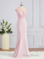Trumpet/Mermaid High Neck Floor-Length Stretch Crepe Bridesmaid Dresses with Appliques Lace