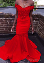 Trumpet/Mermaid Off-the-Shoulder Court Train Satin Prom Dresses With Beading Flowers