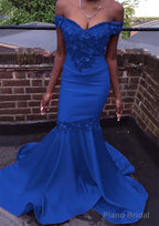 Trumpet/Mermaid Off-the-Shoulder Court Train Satin Prom Dresses With Beading Flowers