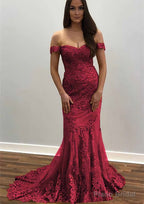 Trumpet/Mermaid Off-the-Shoulder Court Train Tulle Prom Dresses With Lace Appliqued