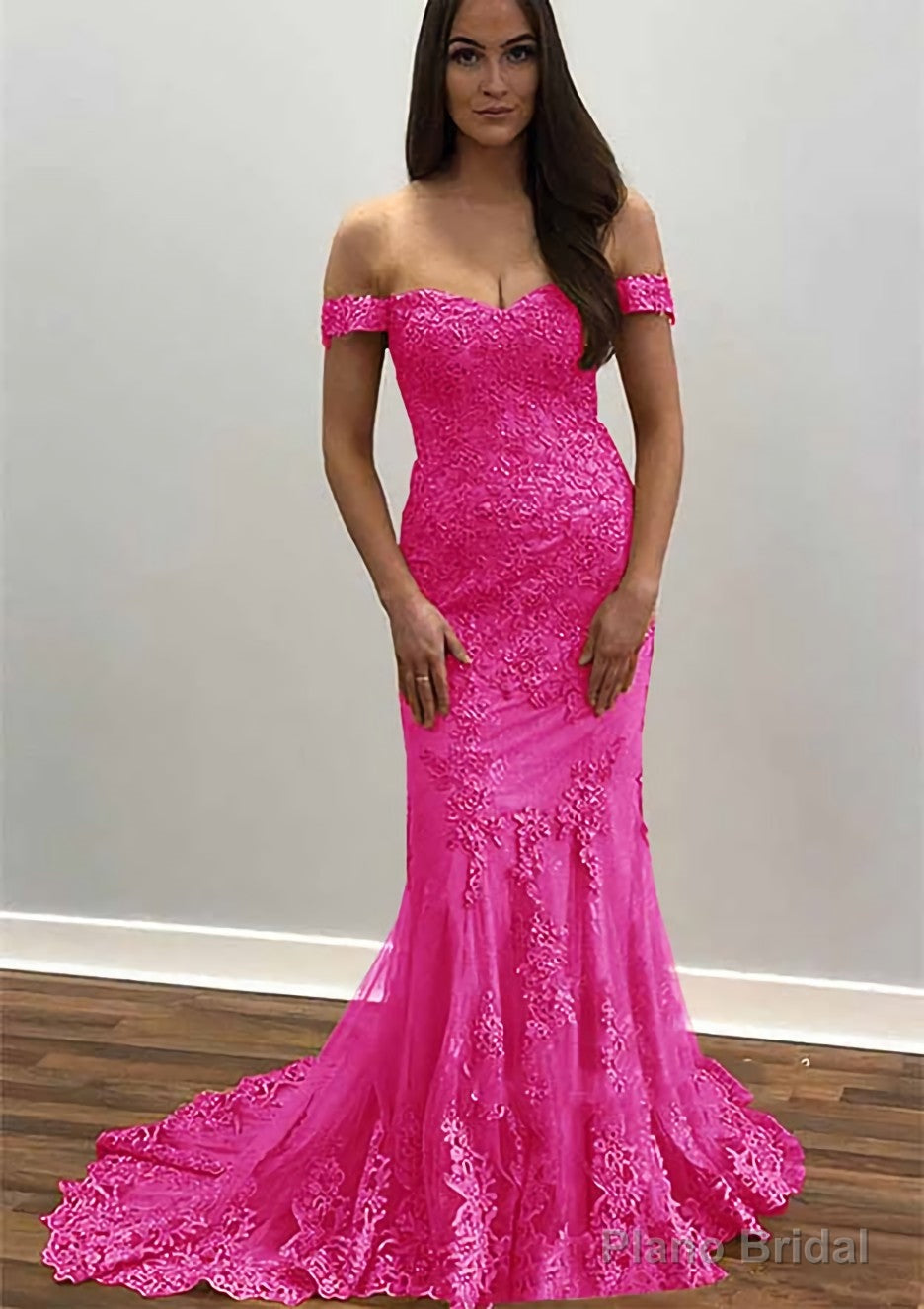 Trumpet/Mermaid Off-the-Shoulder Court Train Tulle Prom Dresses With Lace Appliqued