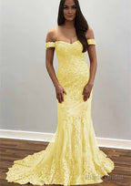 Trumpet/Mermaid Off-the-Shoulder Court Train Tulle Prom Dresses With Lace Appliqued